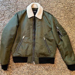 The Kooples Khaki satin bomber, removable sheepskin neck (Mens Medium)